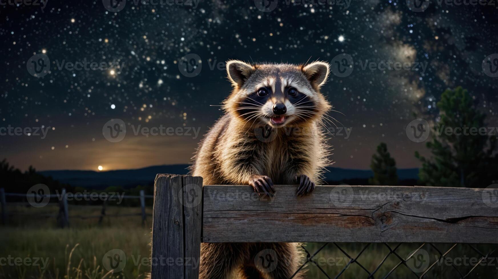 A raccoon perched on a wooden fence under a starry night sky. photo