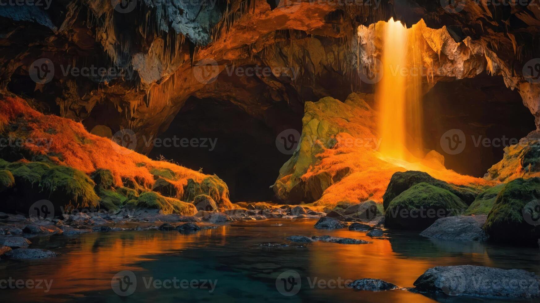 A serene cave with a waterfall illuminated by golden light, surrounded by mossy rocks and water. photo