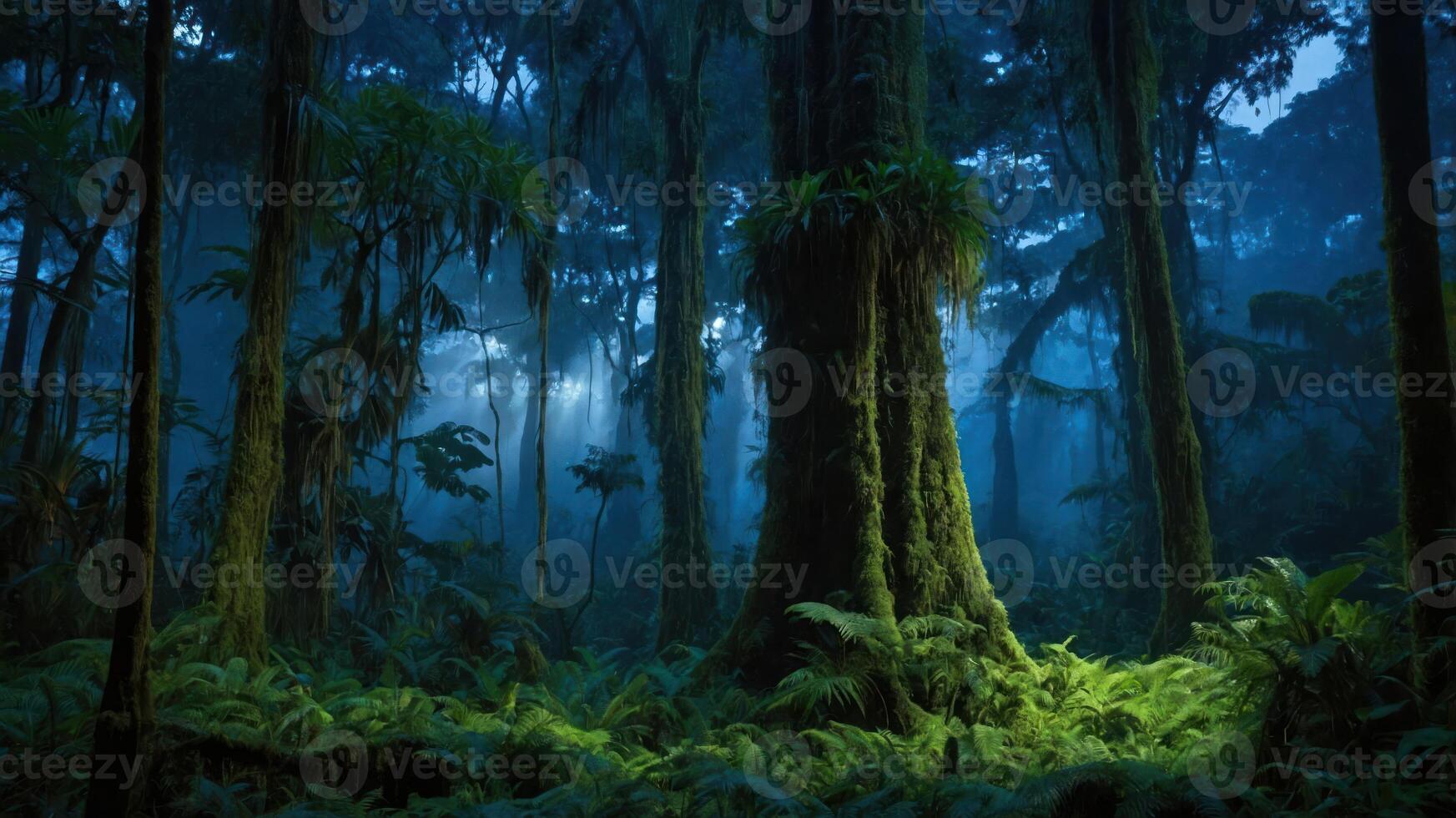 A serene forest scene illuminated by soft light, showcasing lush greenery and towering trees. photo