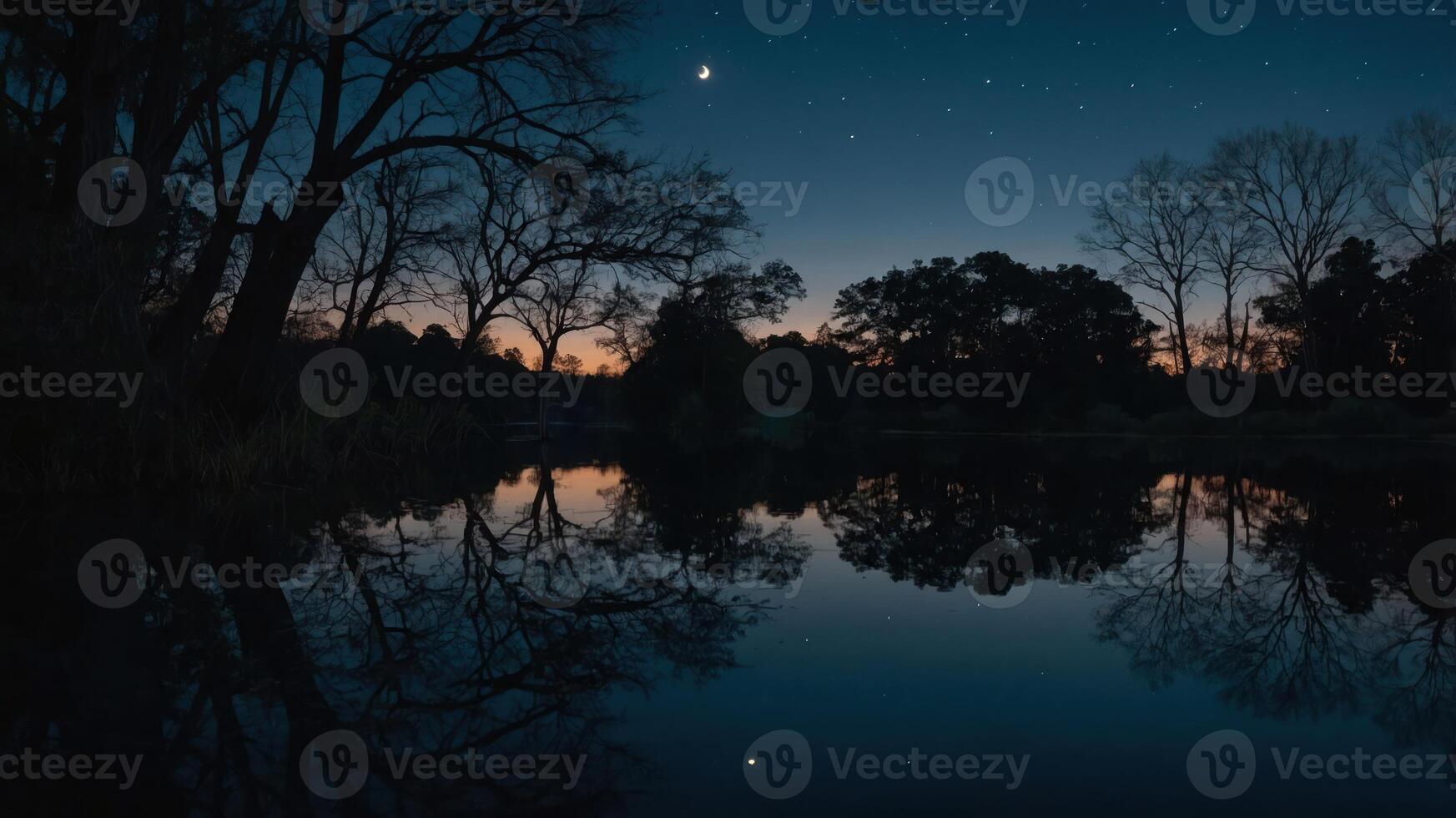 A serene night scene with trees reflecting in calm water under a starry sky. photo