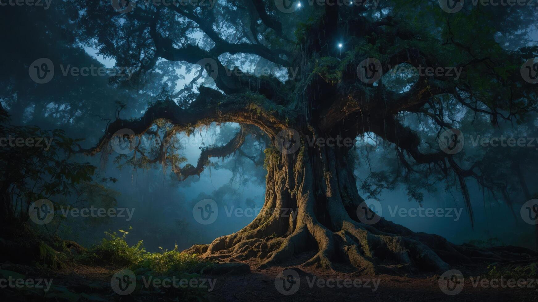 A mystical tree illuminated by soft lights in a foggy forest setting. photo