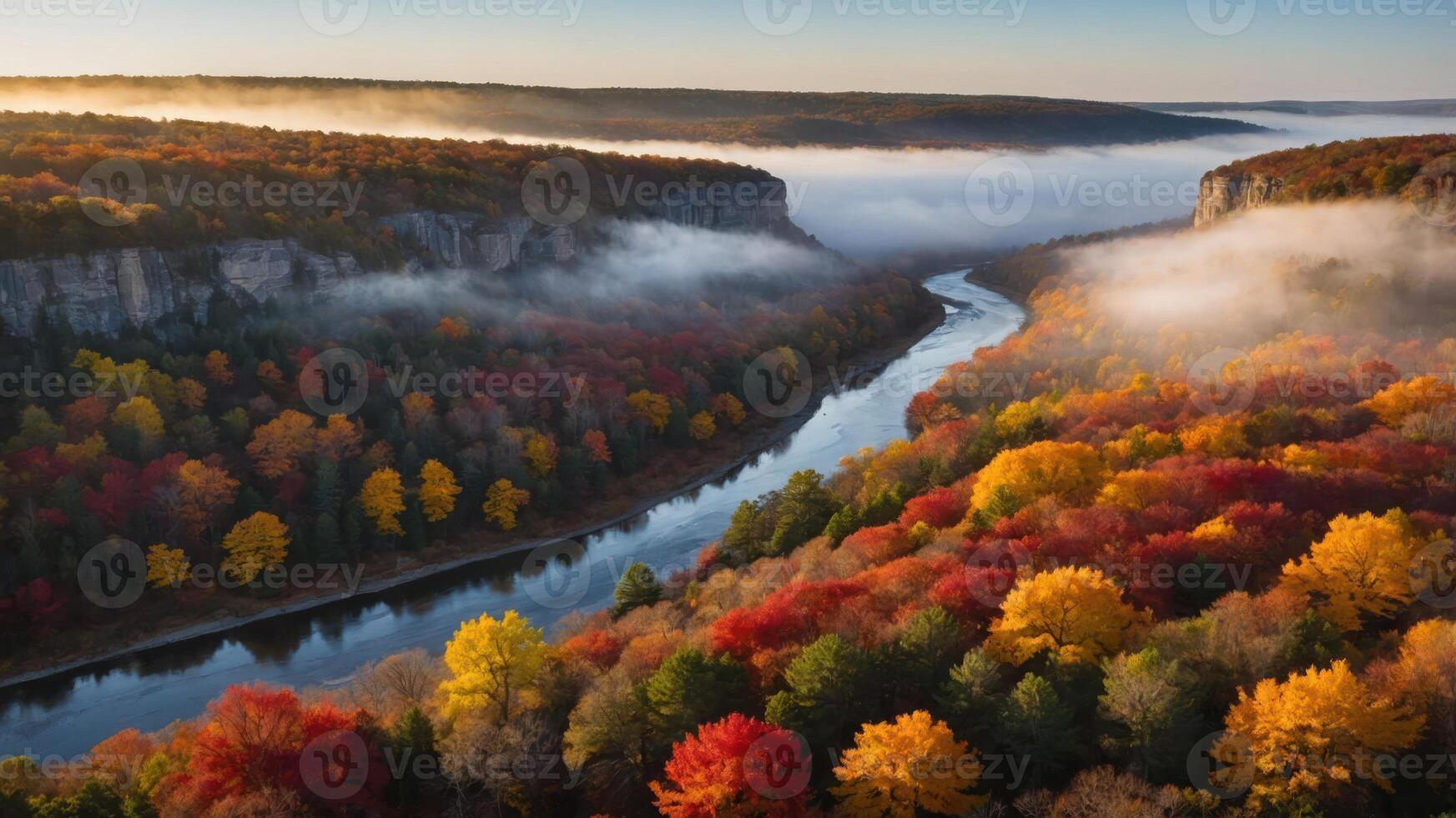 A serene autumn landscape with a winding river surrounded by vibrant fall foliage. photo