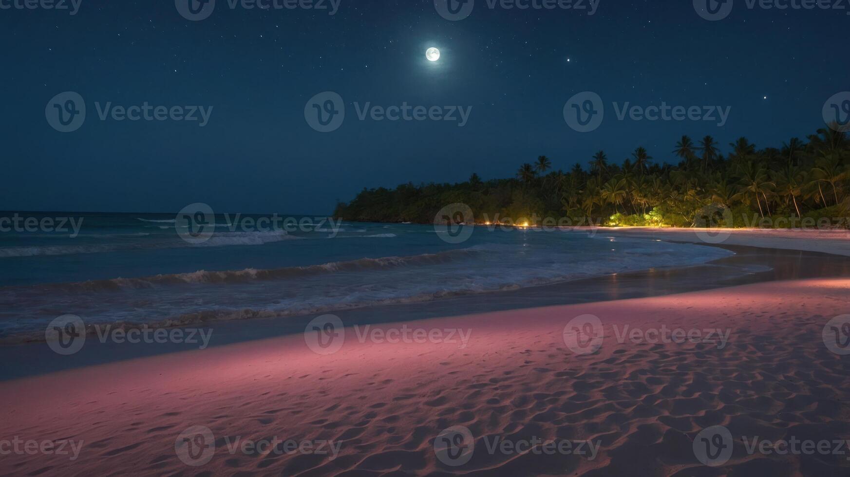 Serene beach at night with moonlight reflecting on the water and gentle waves. photo