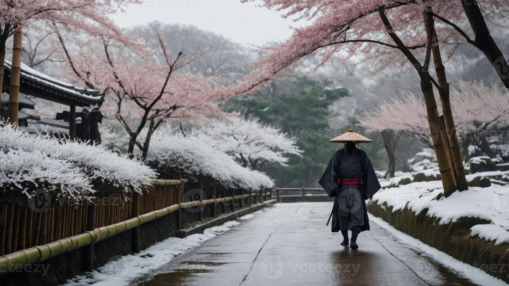 A lone figure walks through a snowy landscape adorned with cherry blossoms. photo
