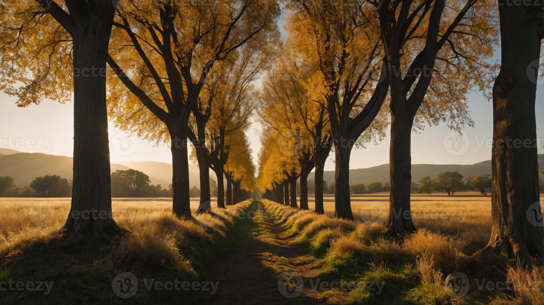 A serene pathway lined with golden trees, illuminated by warm sunlight. photo