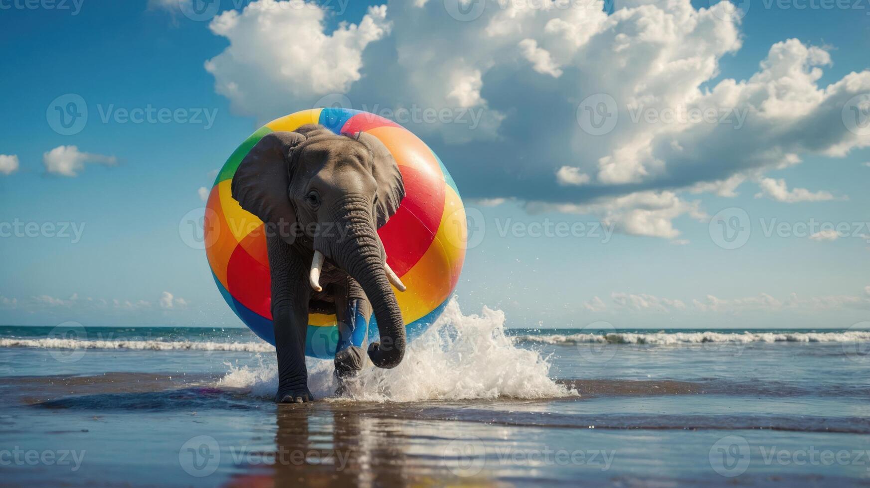 An elephant playfully walks on the beach with a colorful beach ball. photo