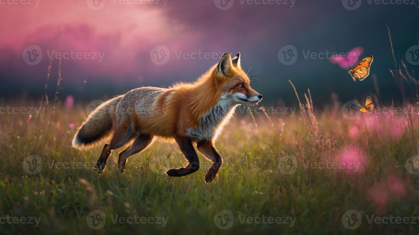 A fox running through a vibrant field with butterflies fluttering around at sunset. photo
