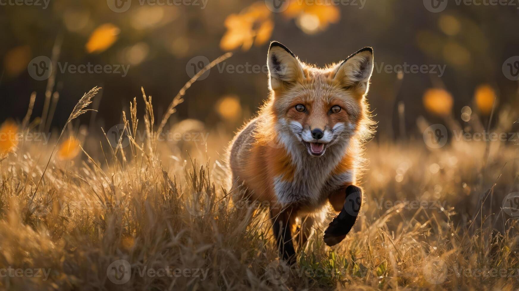 A playful fox running through golden grass, capturing the essence of wildlife in nature. photo