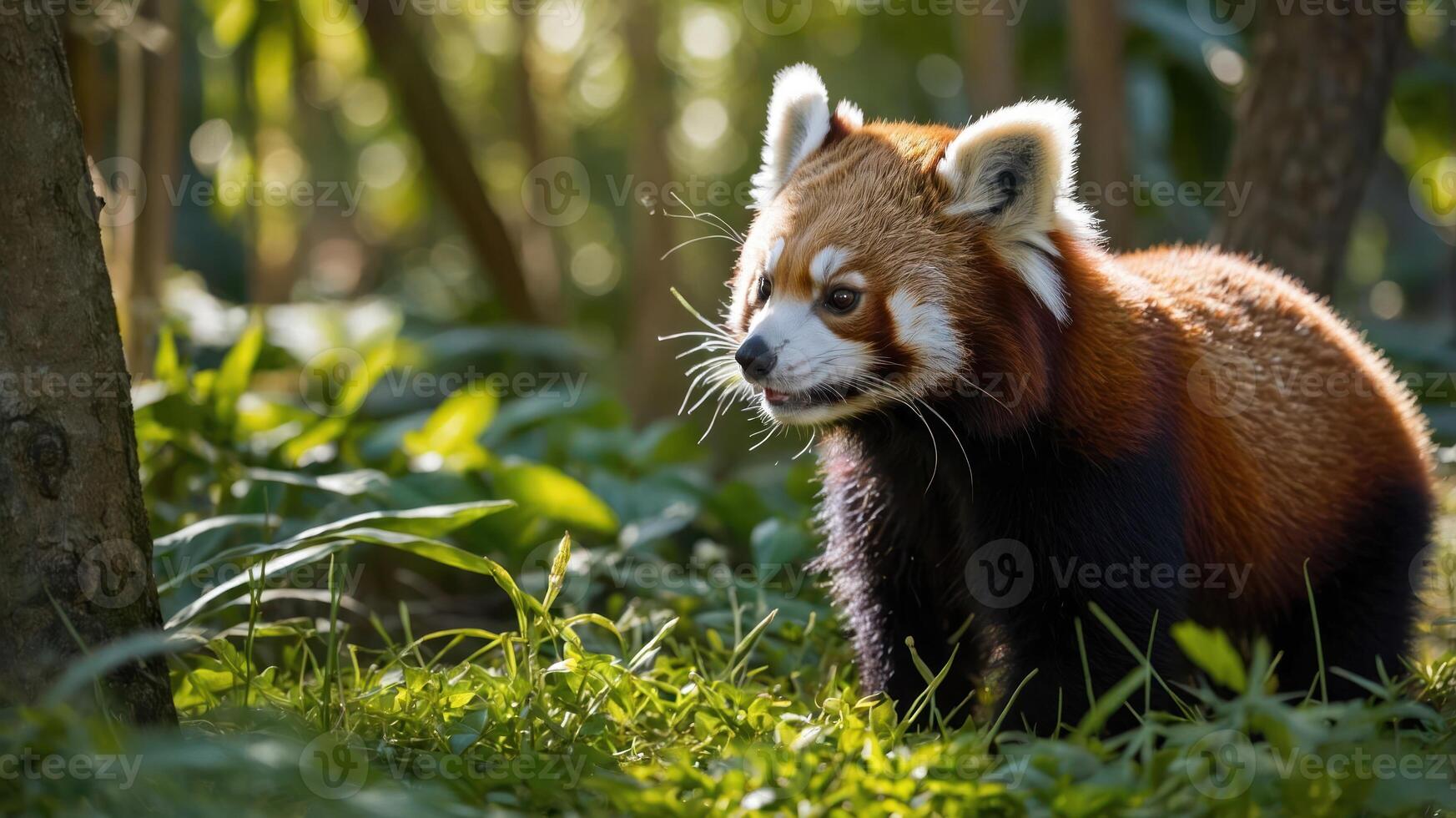 A red panda exploring a lush green forest environment. photo