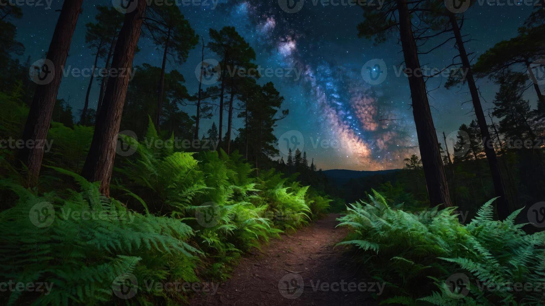 A serene forest path illuminated by ferns under a starry night sky with the Milky Way visible. photo