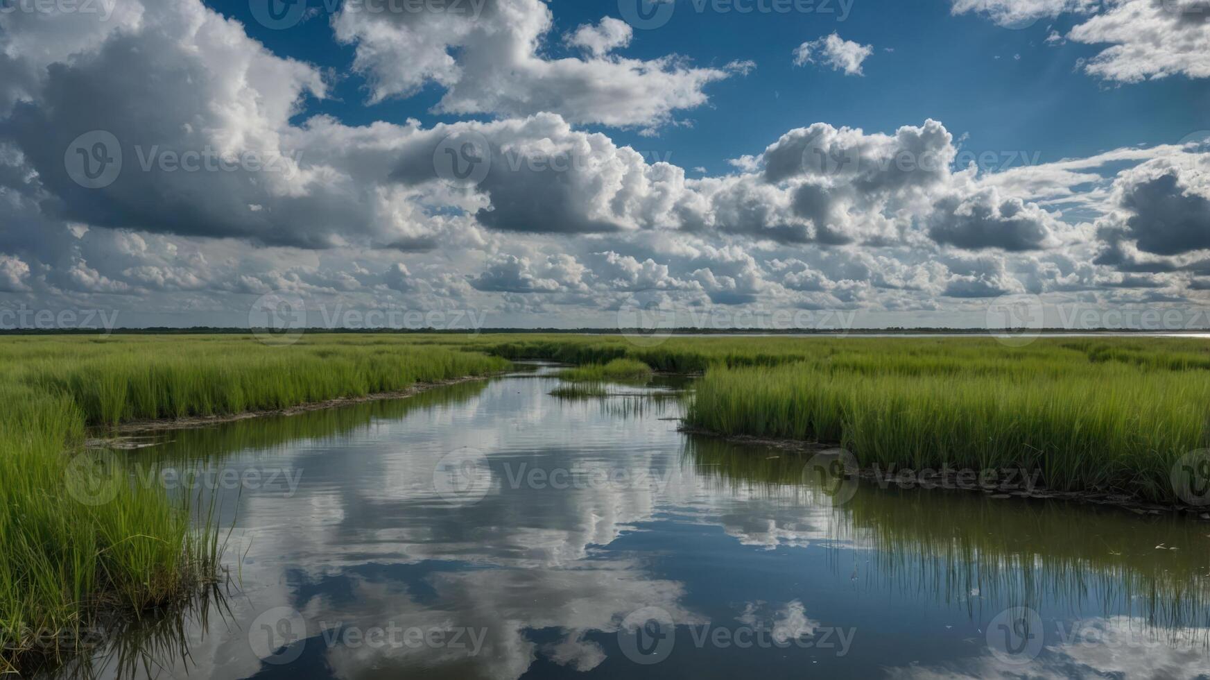 A serene wetland scene with grass, water reflections, and dramatic clouds. photo