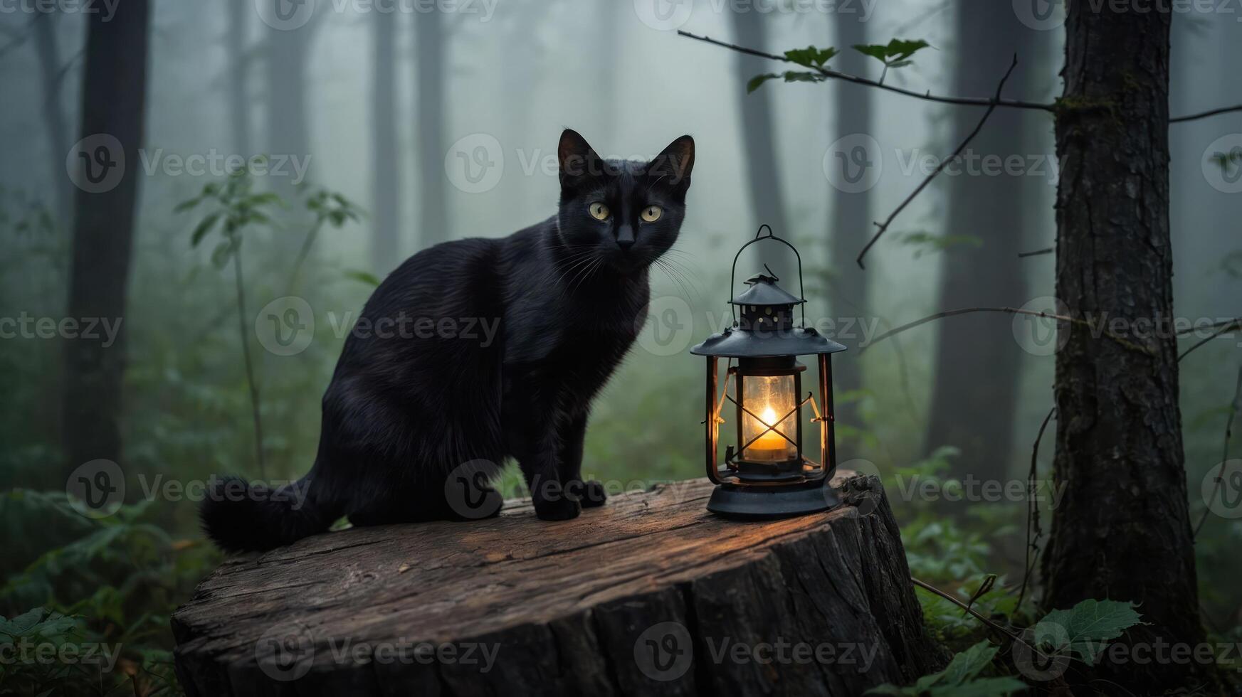 A black cat sits on a stump beside a glowing lantern in a misty forest. photo