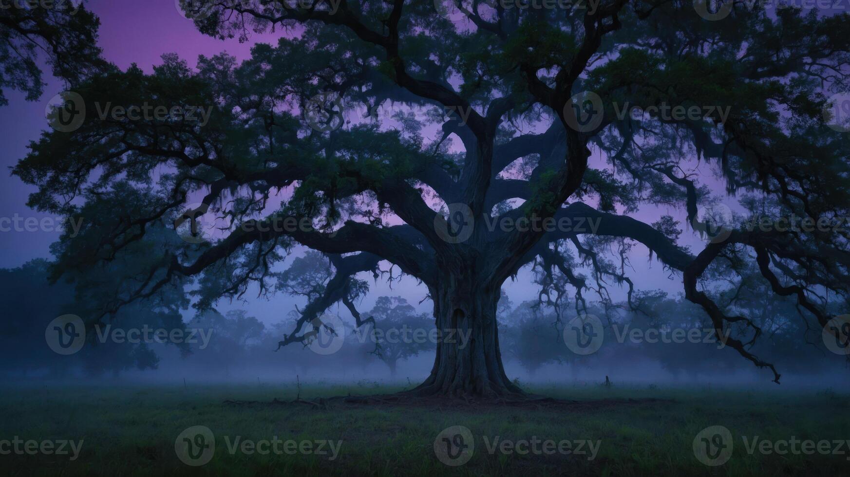 A majestic tree stands alone in a misty landscape at dusk, creating a serene atmosphere. photo