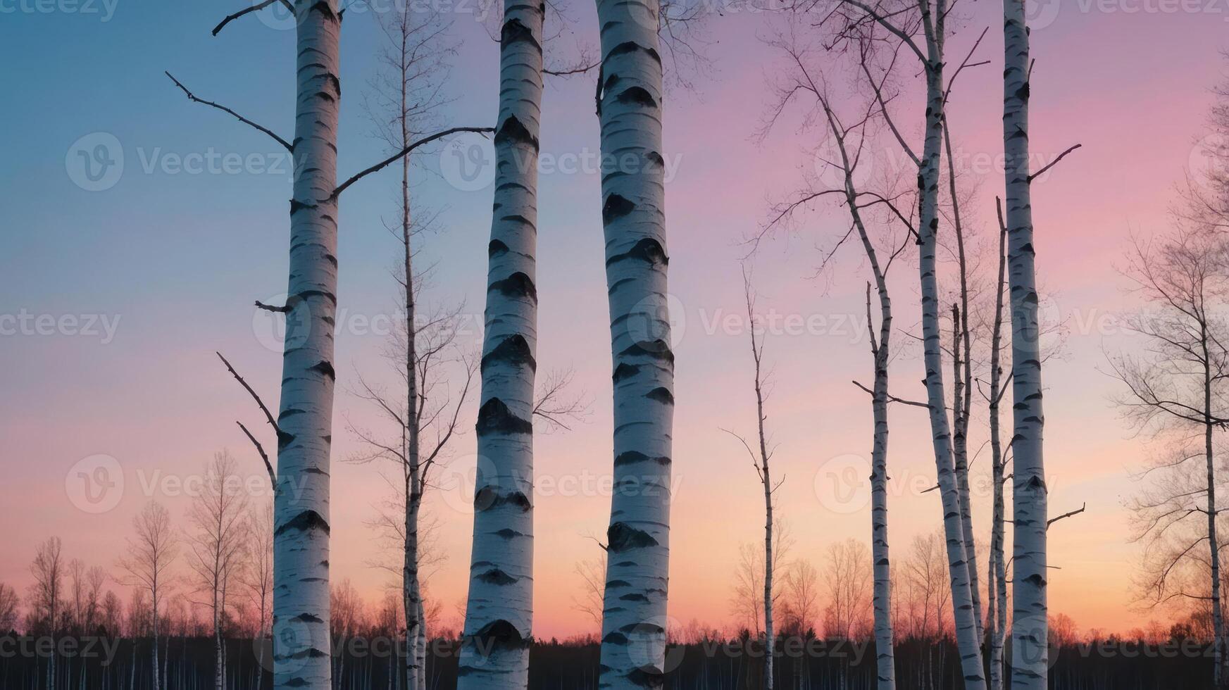 Serene sunset behind white birch trees in a tranquil landscape. photo