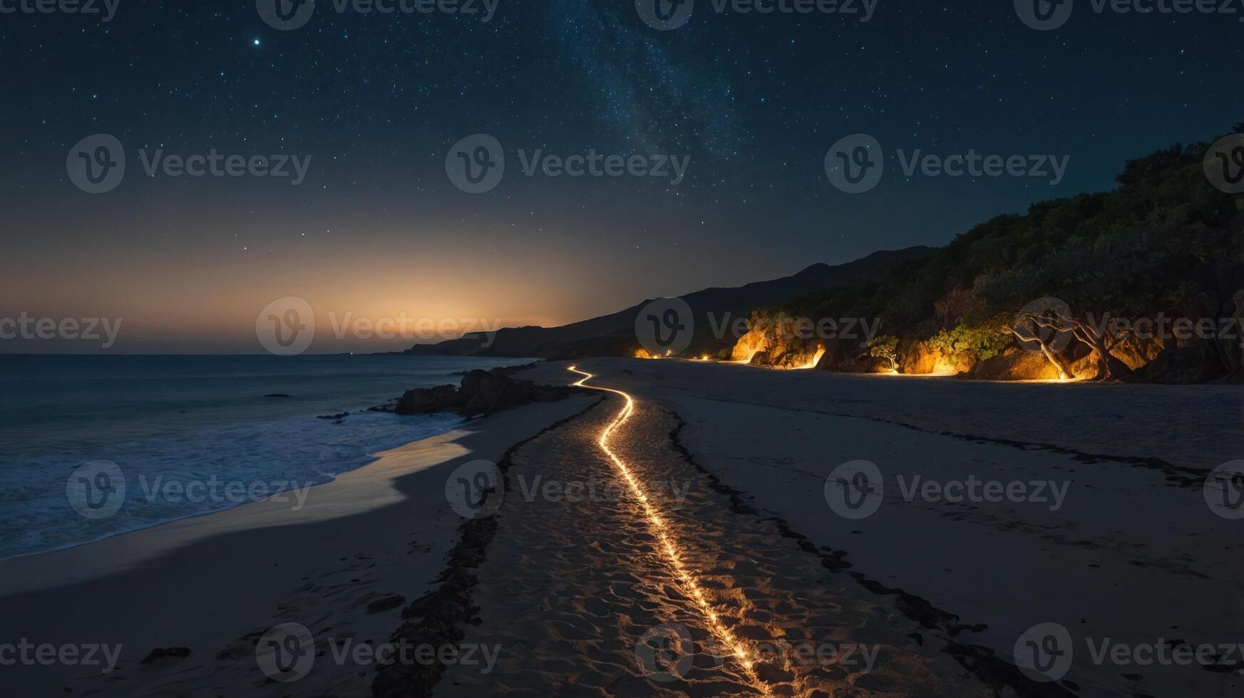 A serene beach scene at night with a glowing path along the shoreline under a starry sky. photo