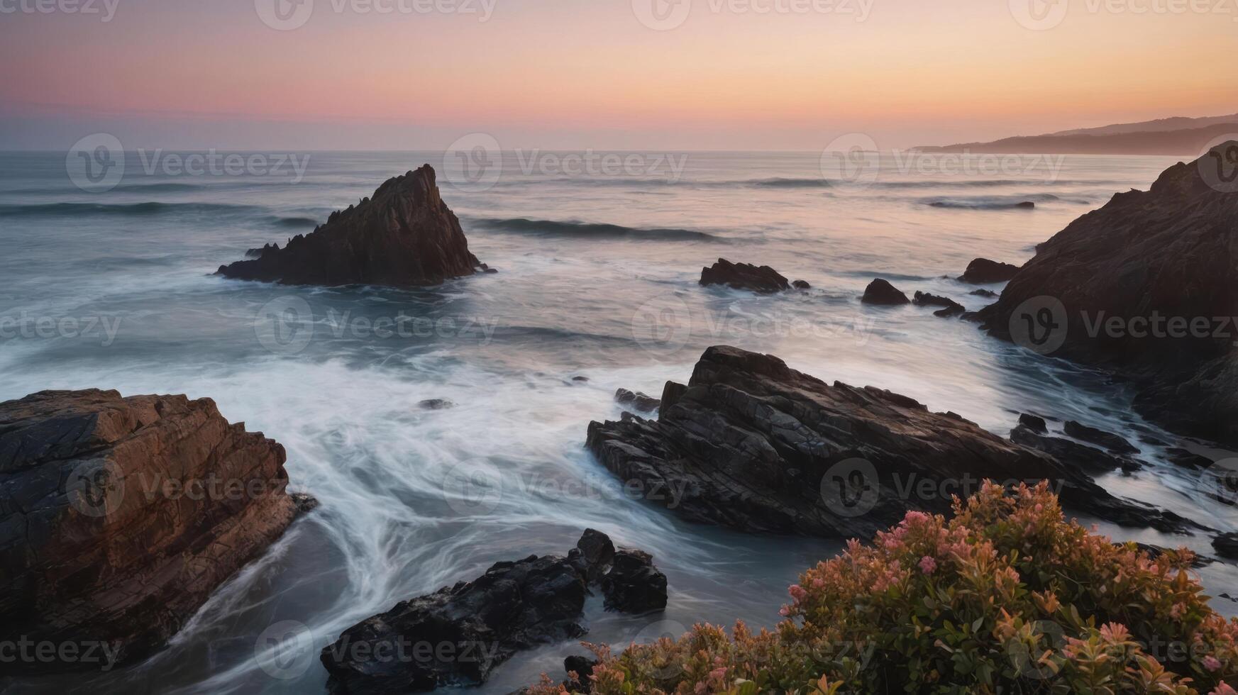 A view of the ocean and rocks at sunset photo