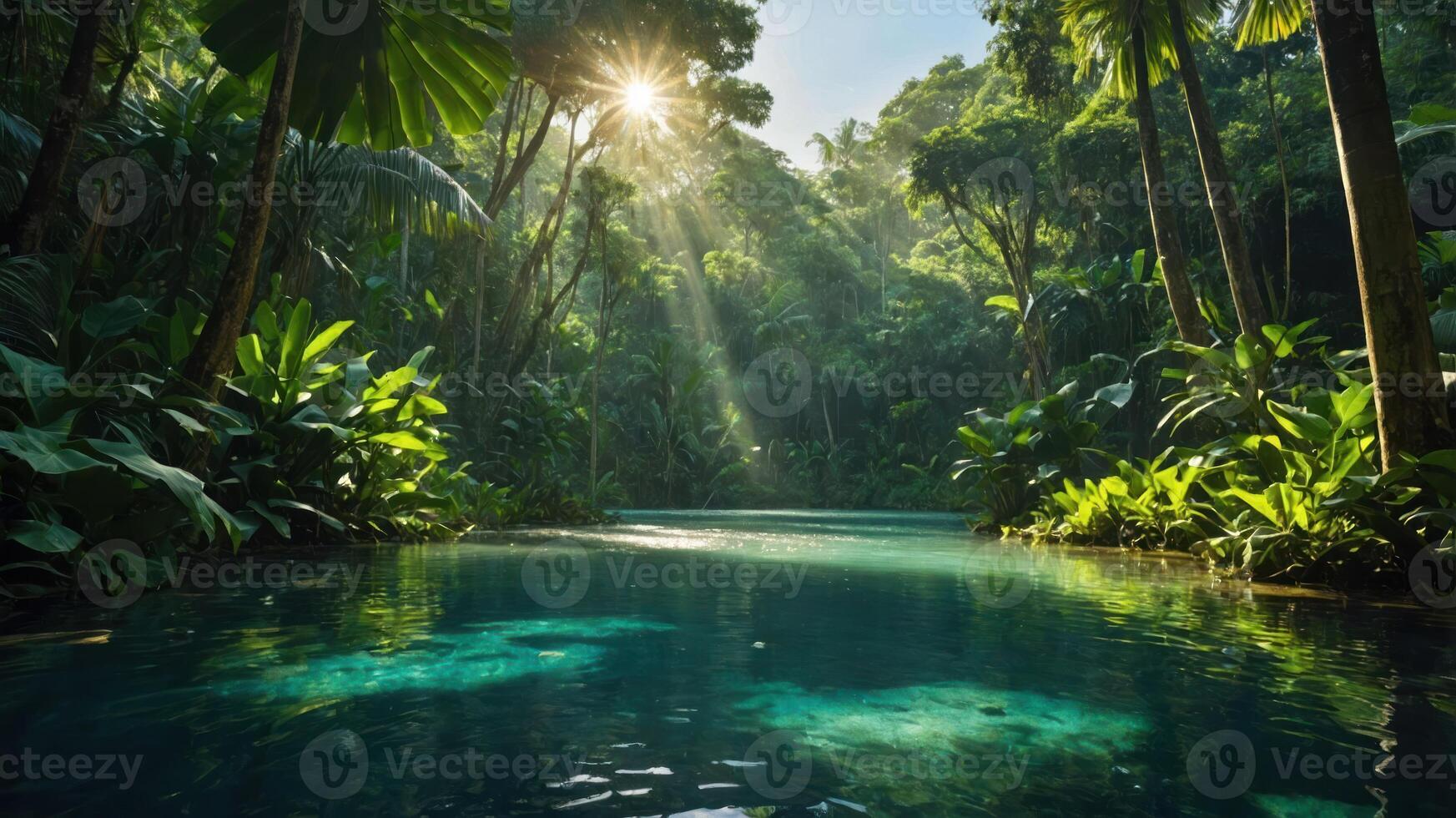 Serene jungle scene with sunlight filtering through trees over a tranquil river. photo
