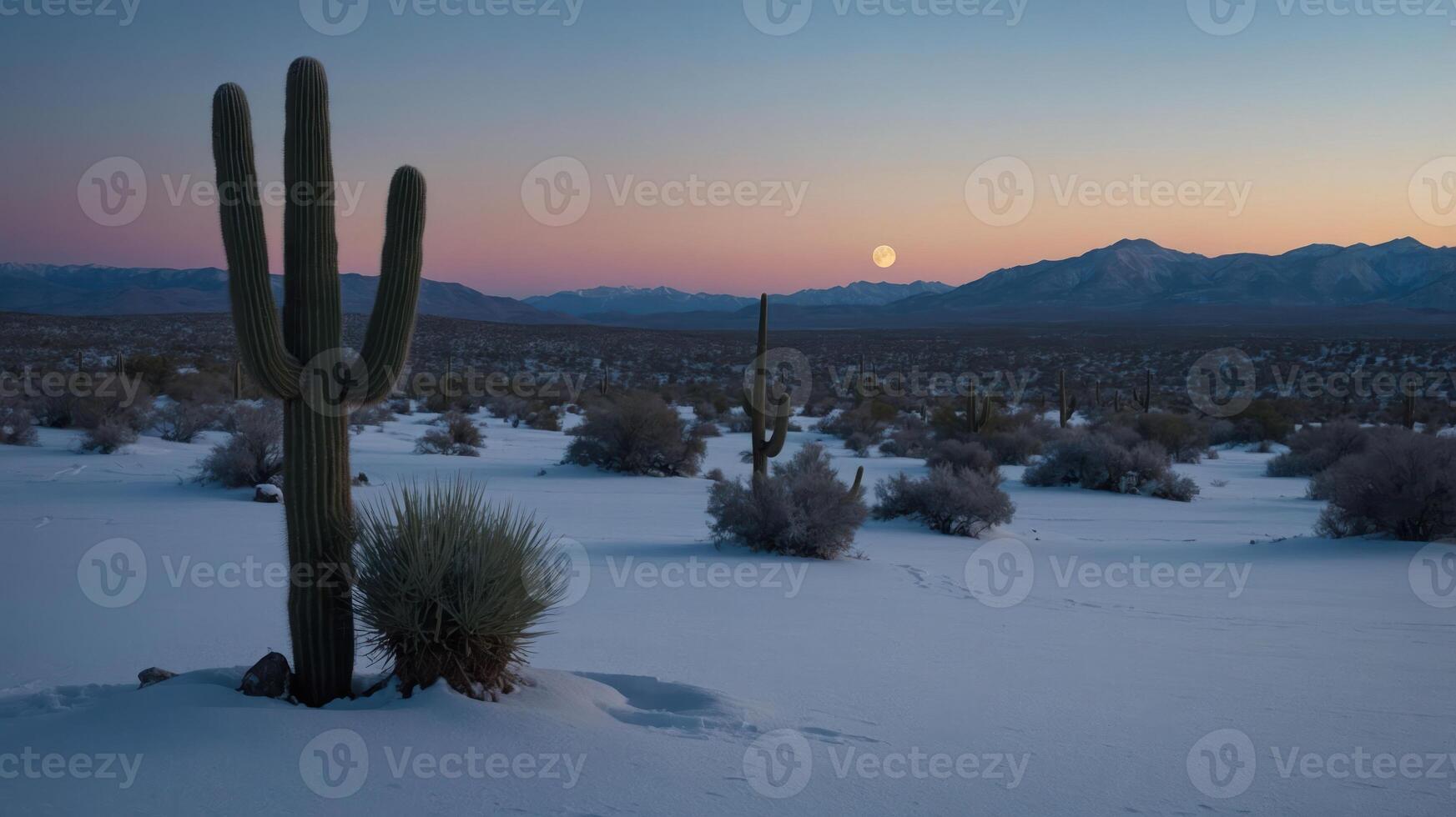A serene desert landscape at dusk, featuring cacti and a rising moon over snow-covered terrain. photo