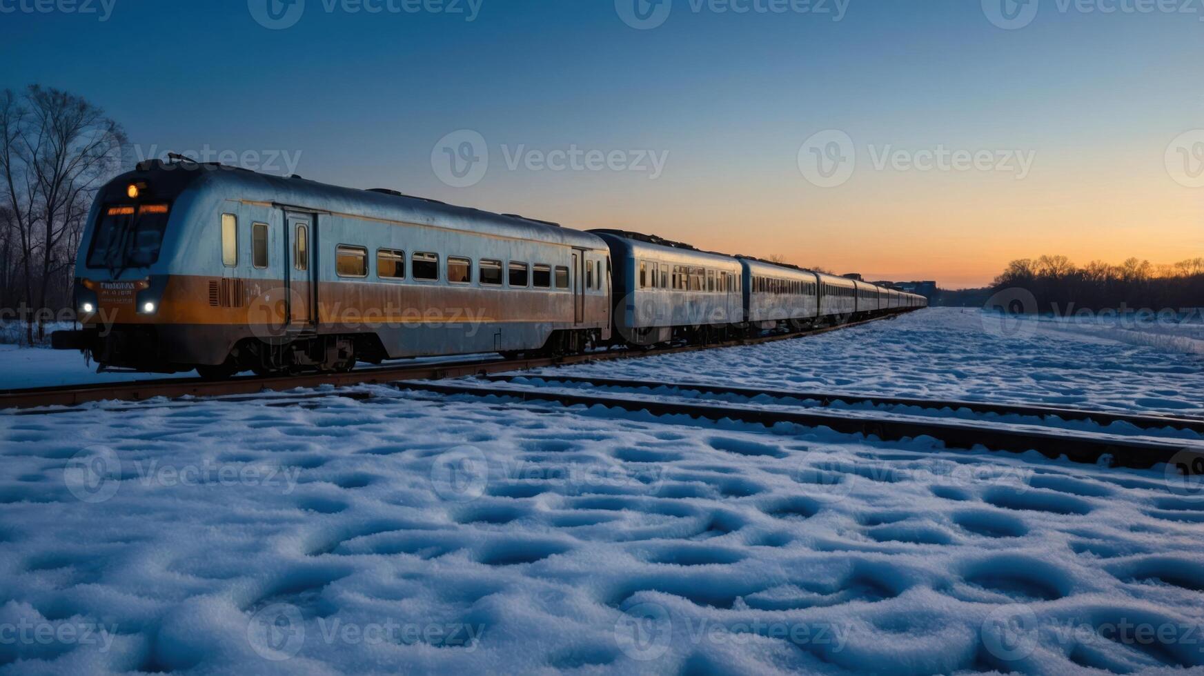 A train on snowy tracks at sunset, showcasing a serene winter landscape. photo