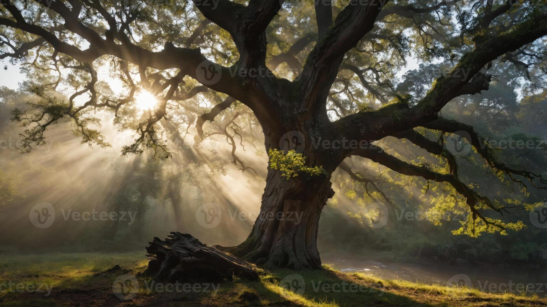 A majestic tree bathed in sunlight, casting rays through misty air in a serene landscape. photo