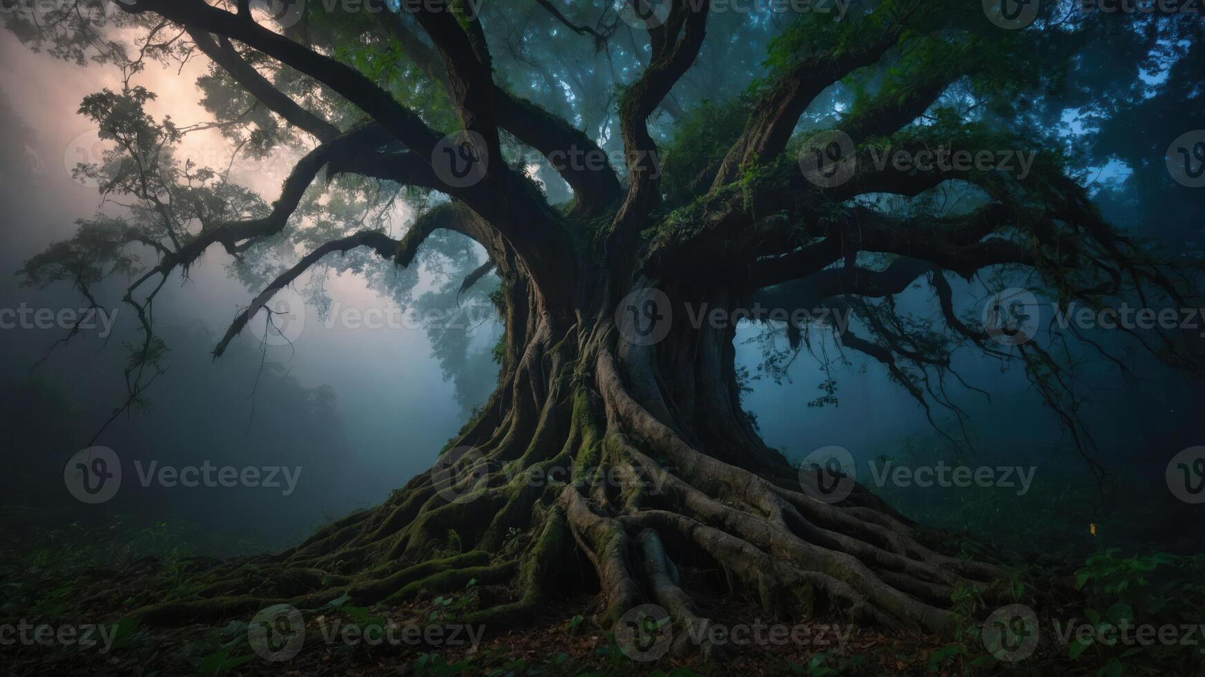A majestic tree with intricate roots surrounded by misty atmosphere. photo