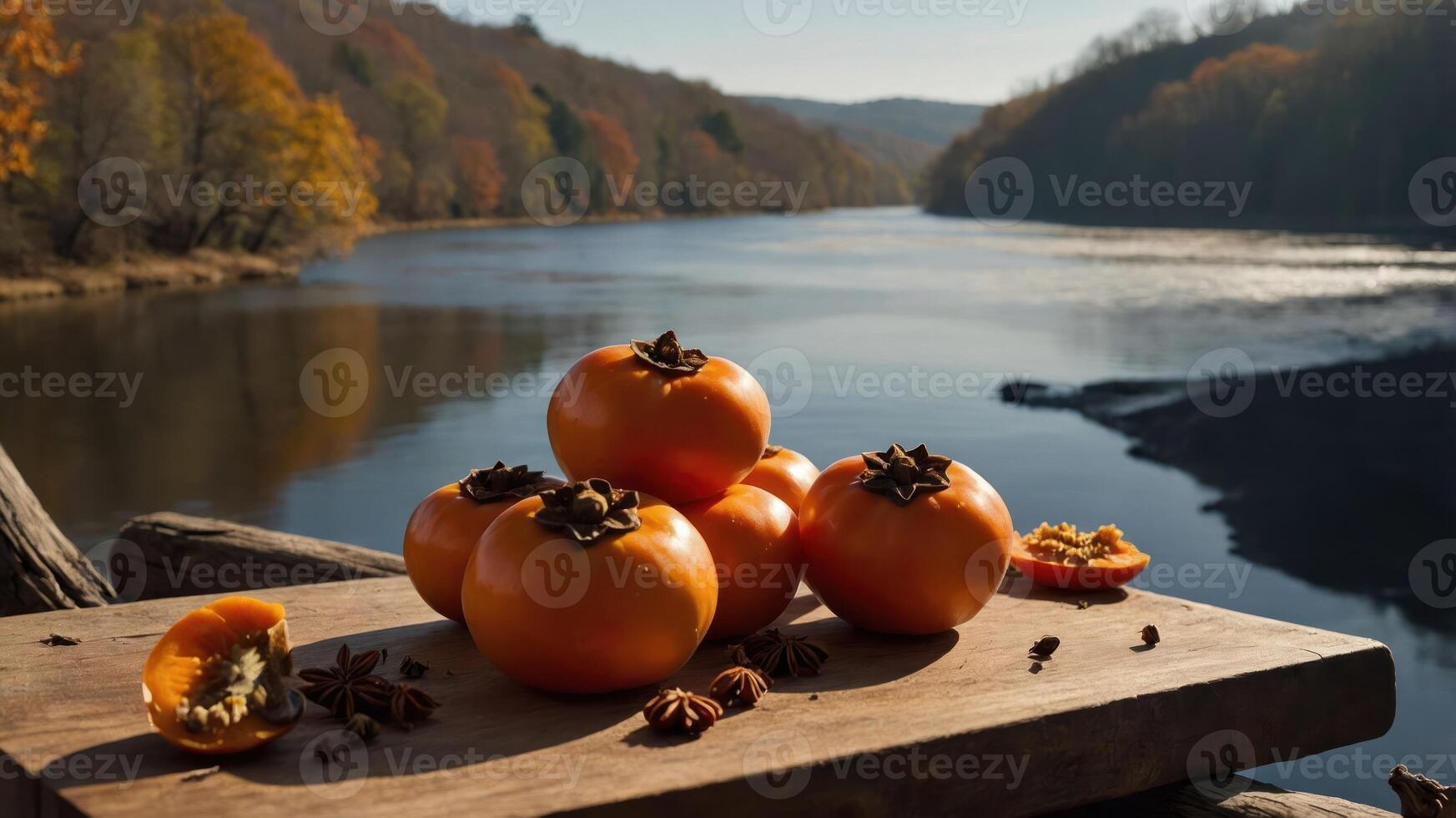 A serene riverside scene featuring persimmons and autumn foliage. photo