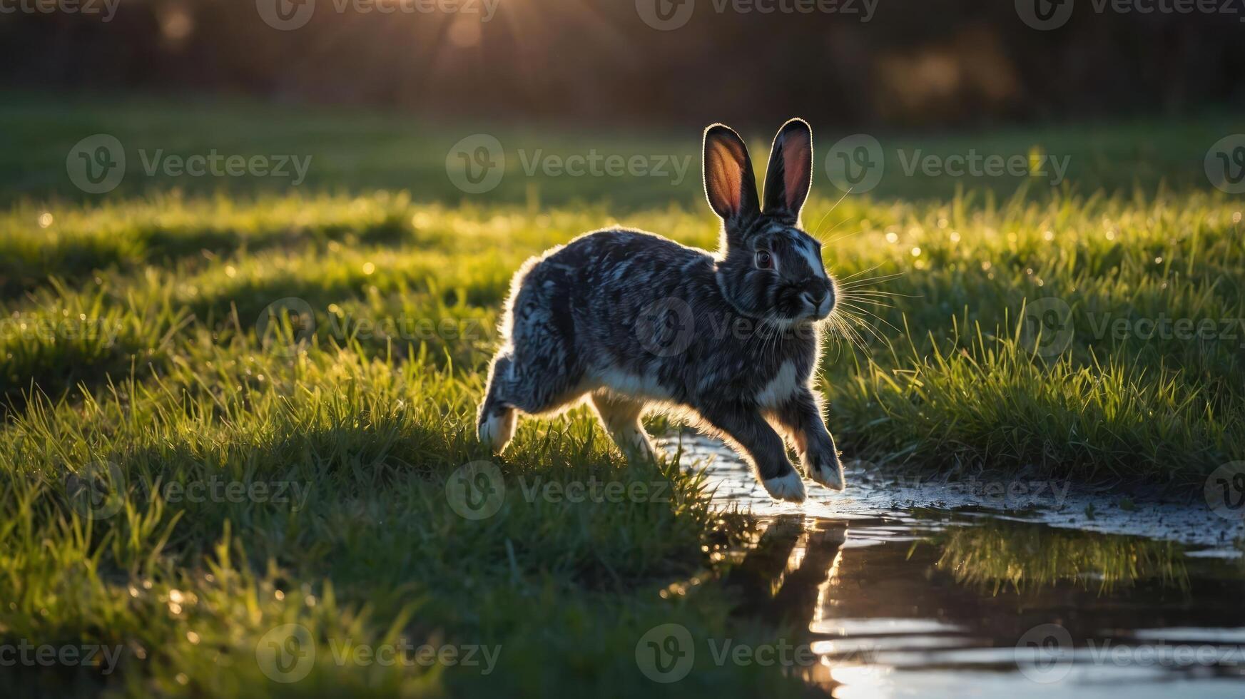 A rabbit leaps through a grassy field near a stream, illuminated by soft sunlight. photo