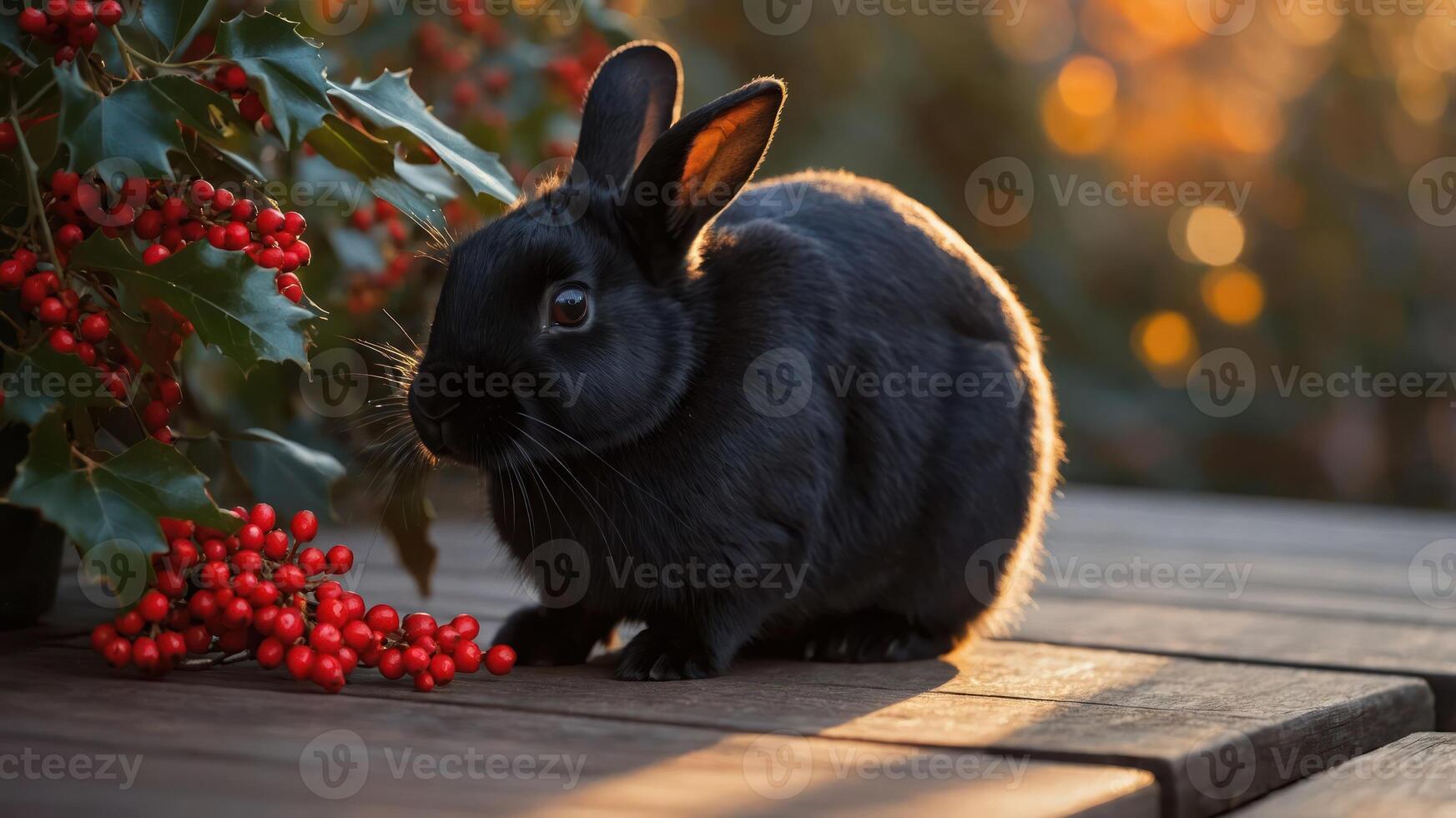 A black rabbit sits beside red berries, illuminated by warm sunlight in a natural setting. photo