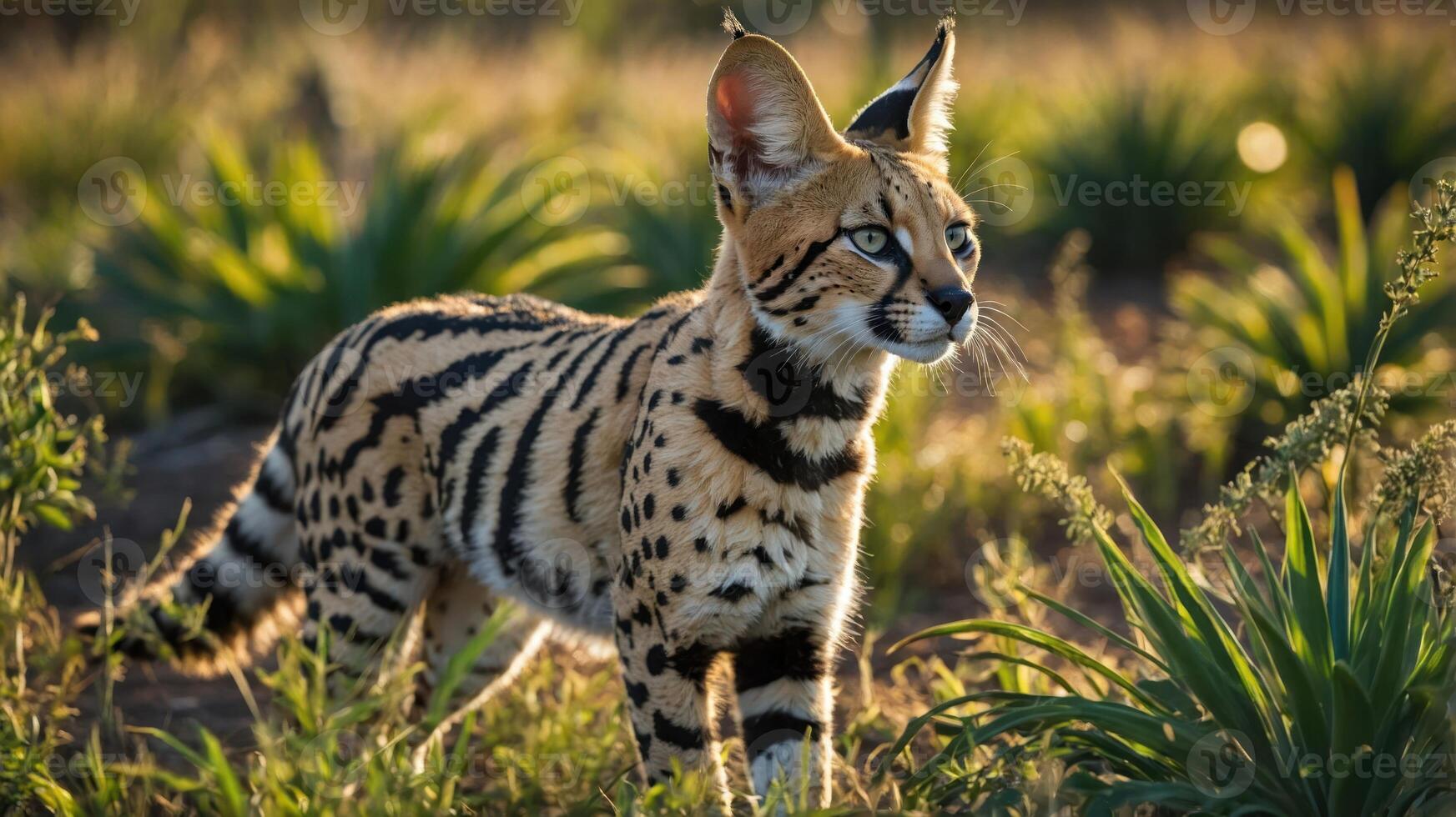 A serval cat stands gracefully in a grassy landscape, showcasing its striking features. photo