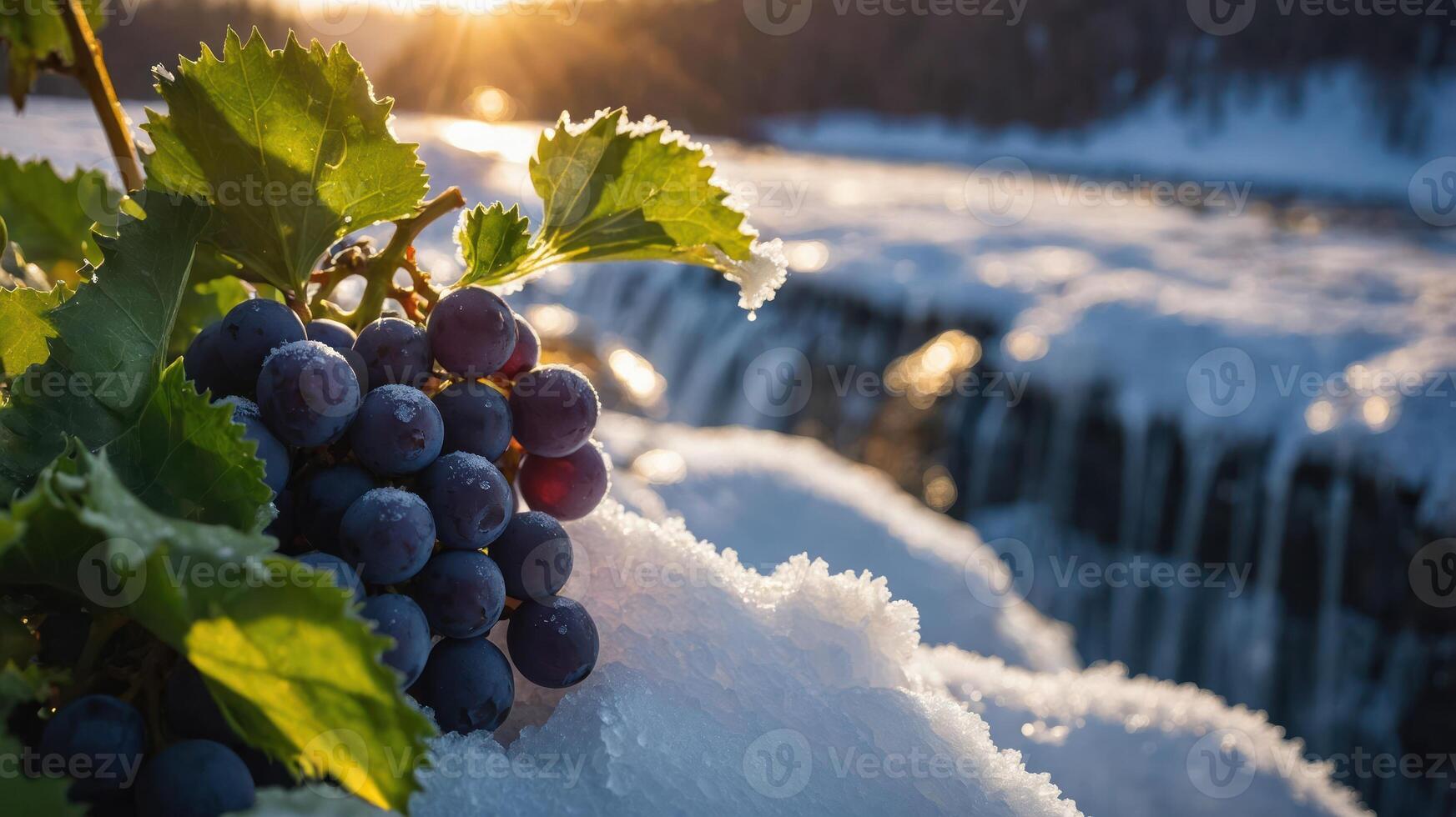 A cluster of grapes on snow, with a waterfall and sunset in the background. photo