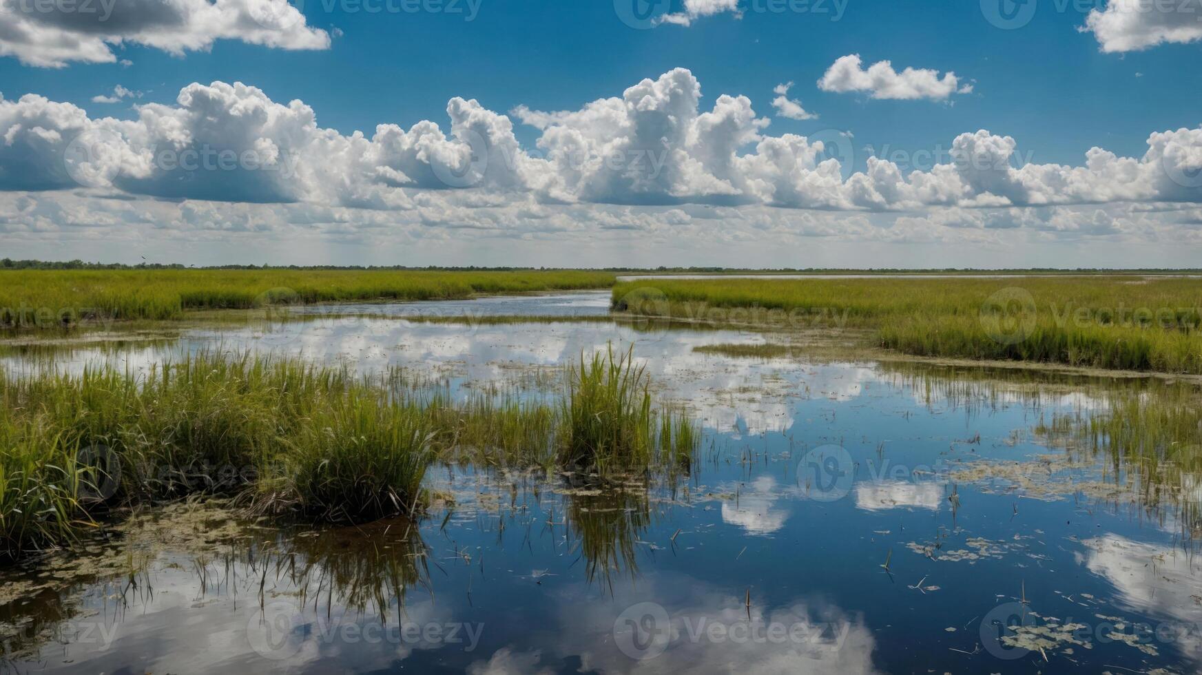 A serene wetland scene with tall grasses and reflective water under a blue sky. photo