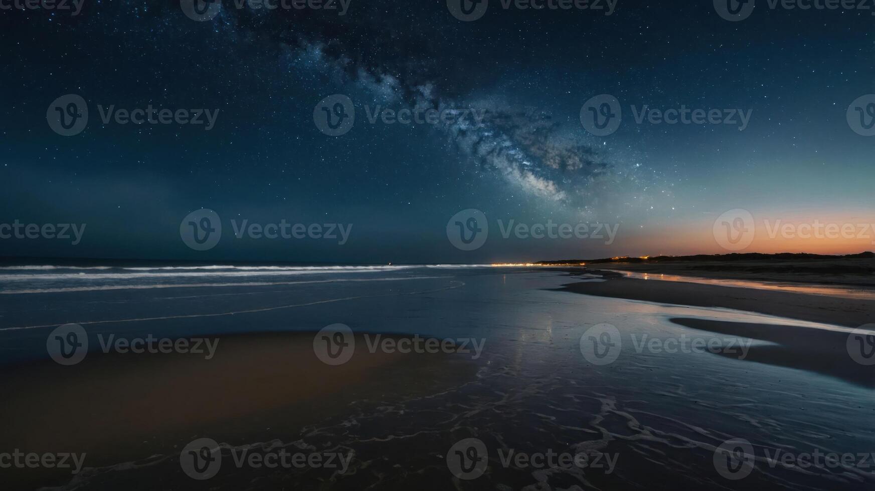 A serene beach at night with the Milky Way visible above and a calm ocean reflecting light. photo