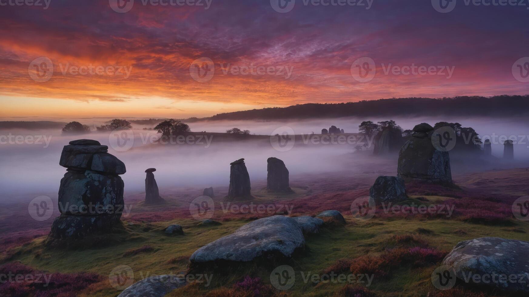 A serene landscape featuring ancient stone formations at sunrise amidst mist and vibrant colors. photo