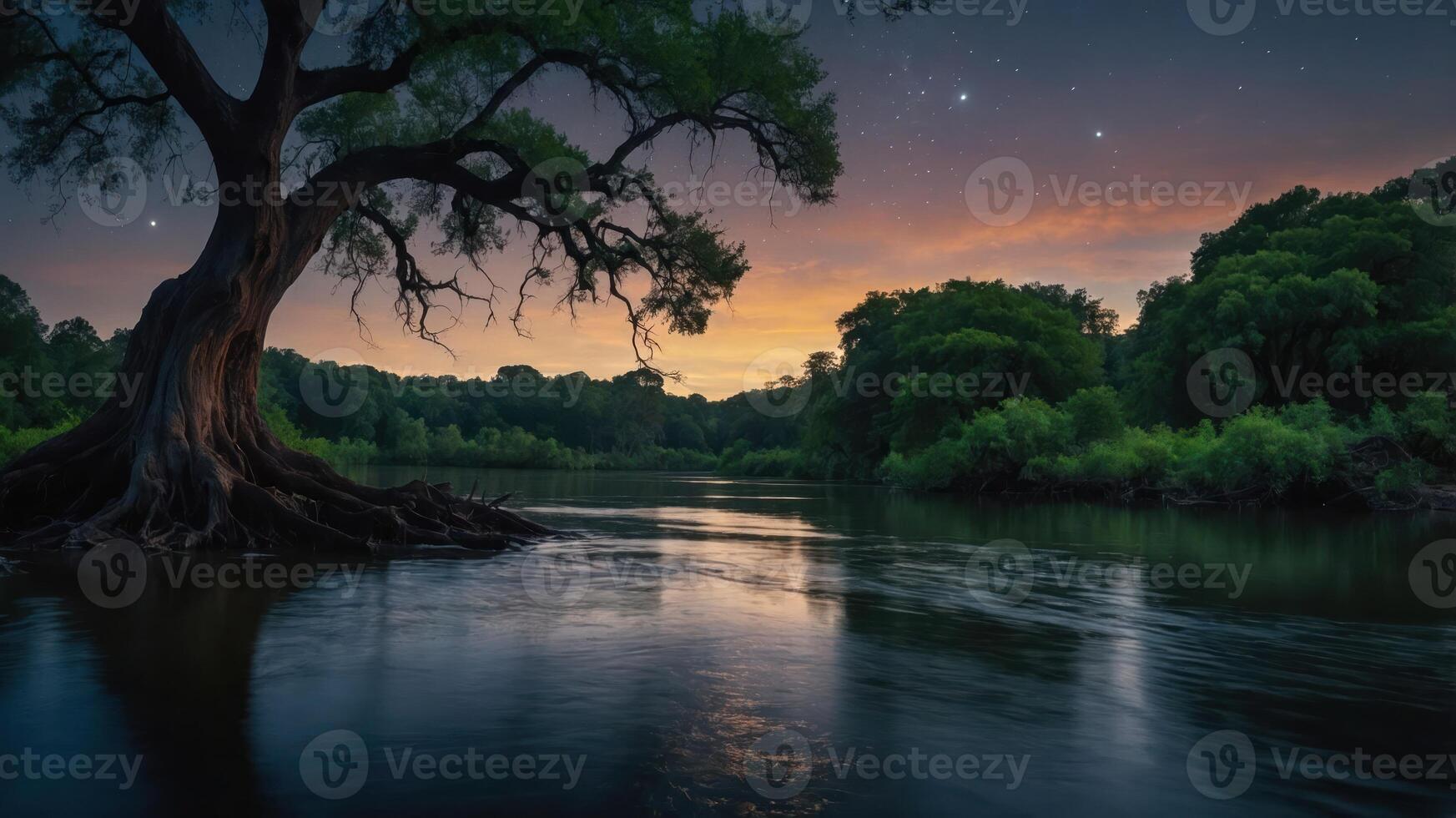 A serene river landscape at sunset with a large tree and starry sky. photo