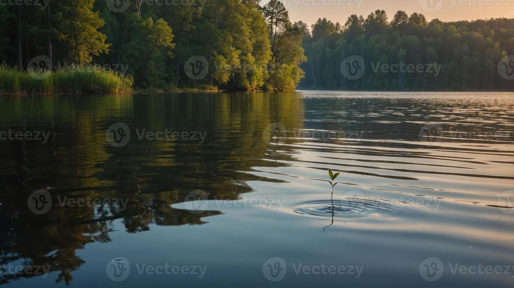 A serene lake scene with a single plant emerging from the water, surrounded by lush greenery. photo