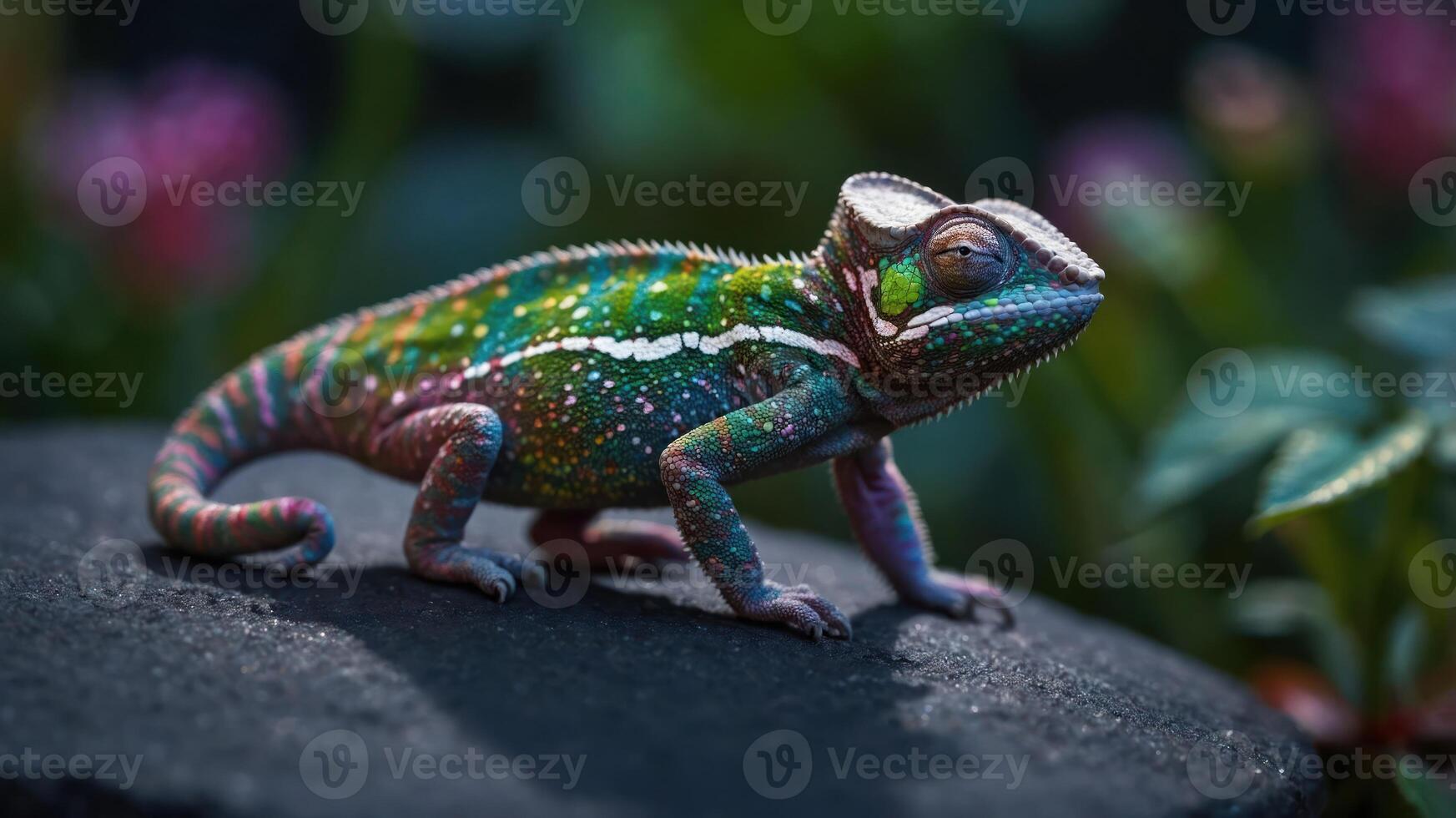 A vibrant chameleon perched on a rock, showcasing its colorful skin against a blurred background. photo