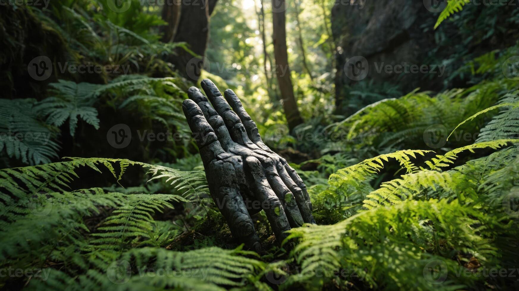 A metallic hand emerges from lush ferns in a serene forest setting. photo
