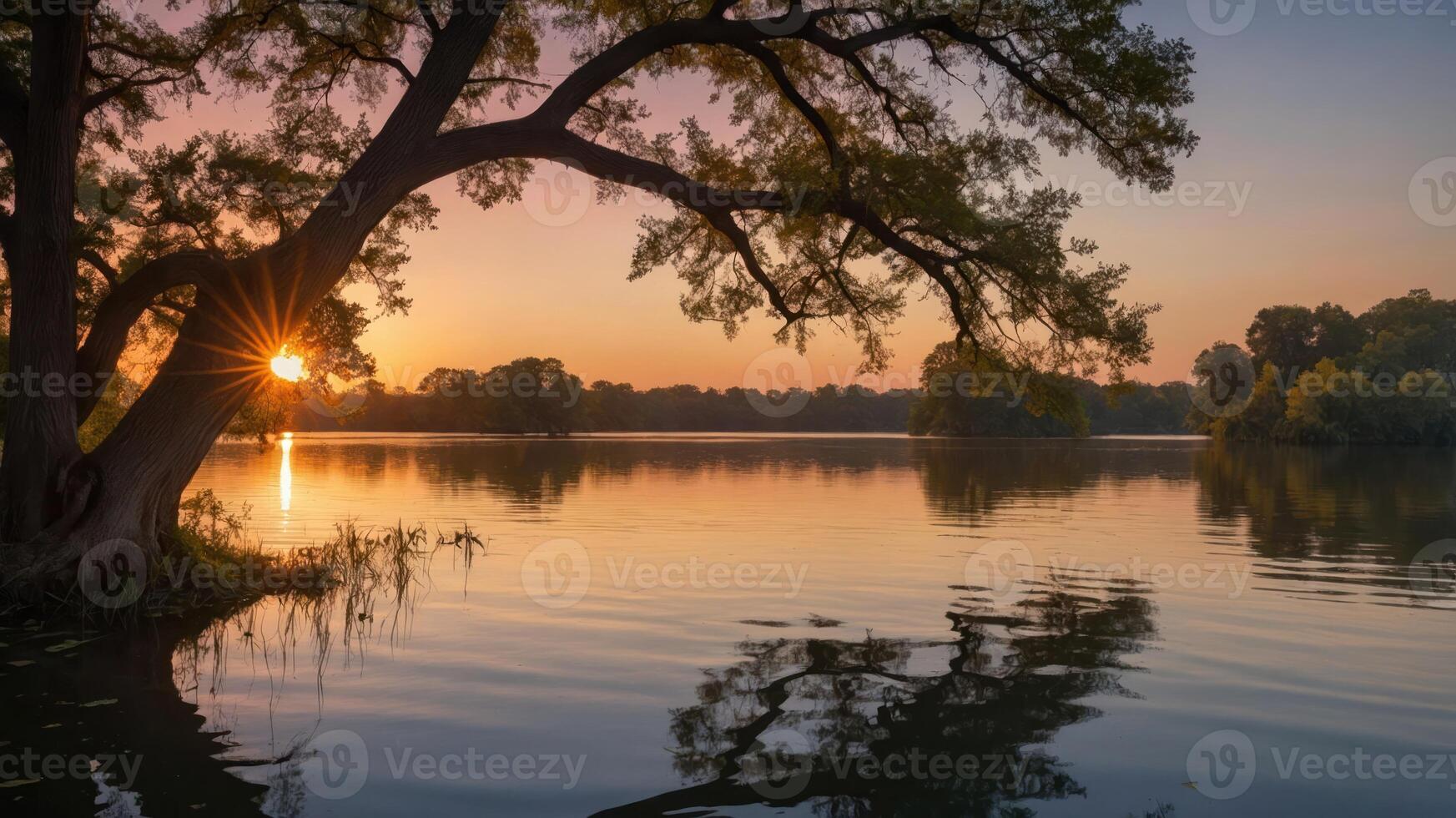 Serene sunset over a tranquil lake, framed by trees and reflecting calm waters. photo