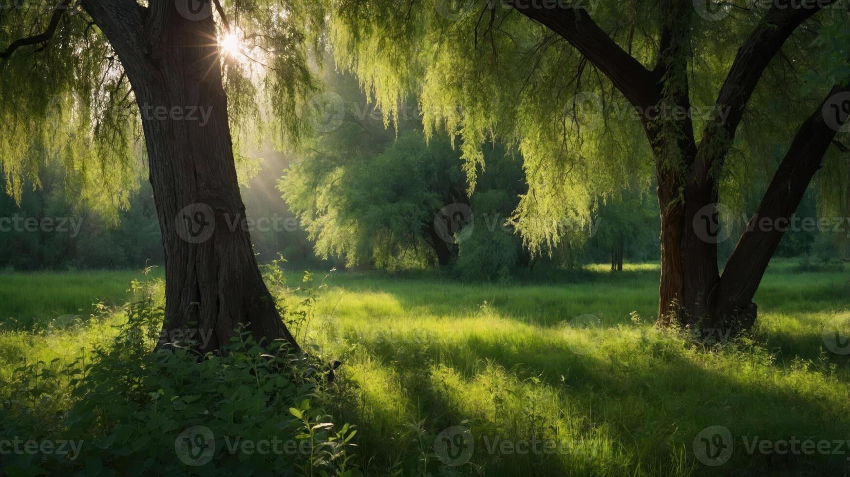 A serene forest scene with sunlight filtering through lush trees and grass. photo