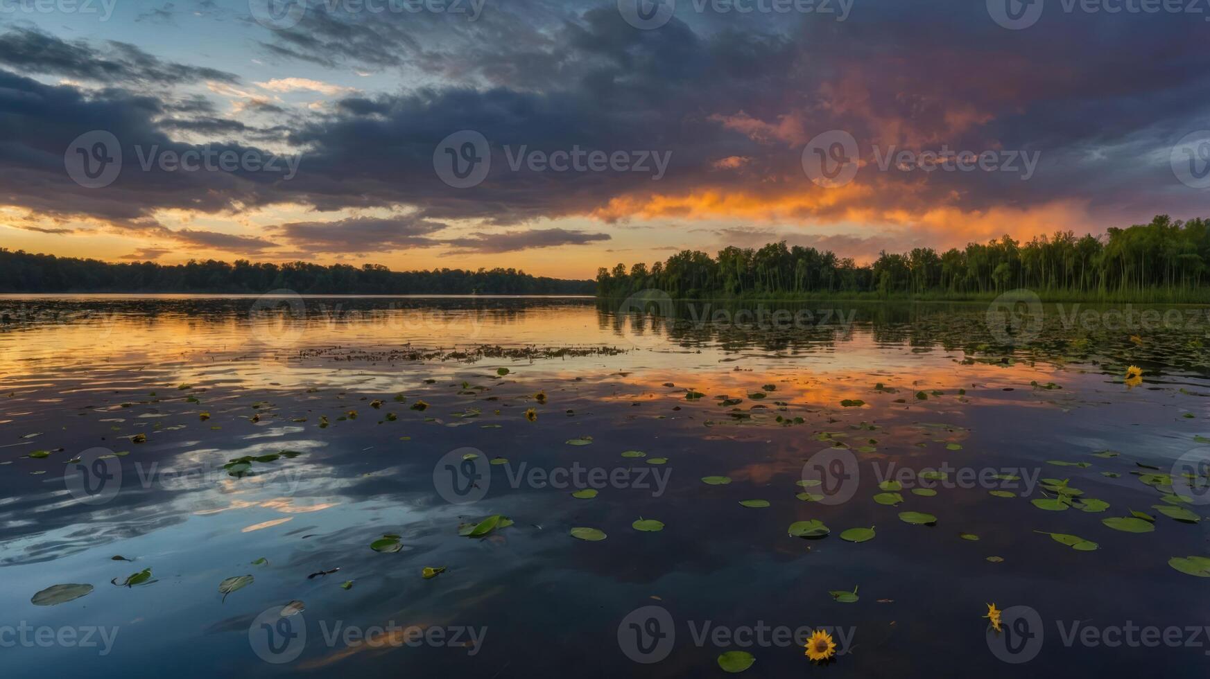 A serene lake at sunset with colorful clouds reflecting on the water and lily pads. photo