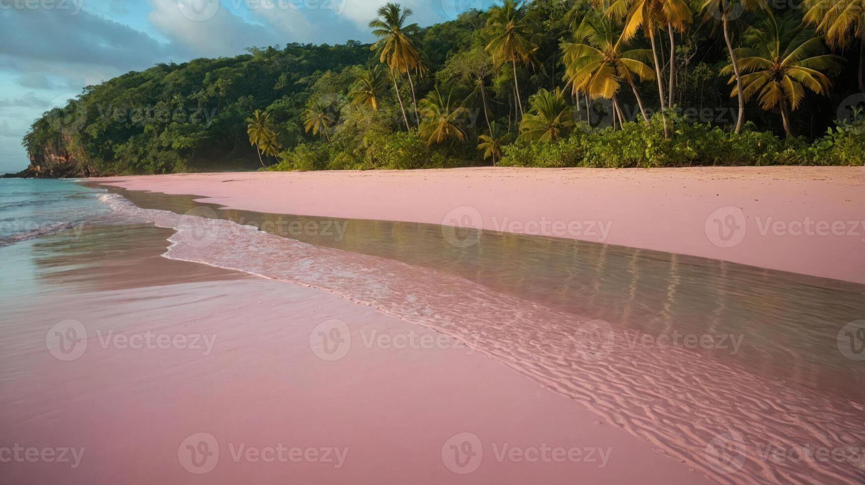 A serene pink sand beach with palm trees and gentle waves. photo