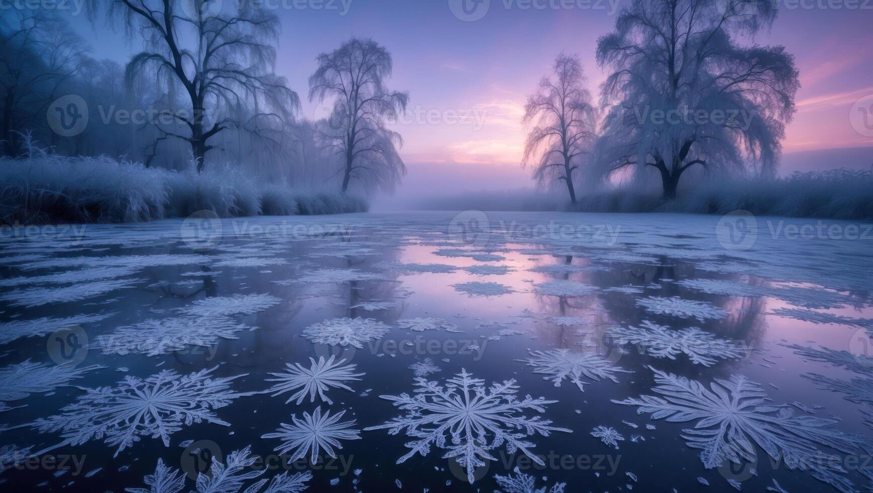 Frozen Lake with Snowflakes and Winter Trees at Dusk photo