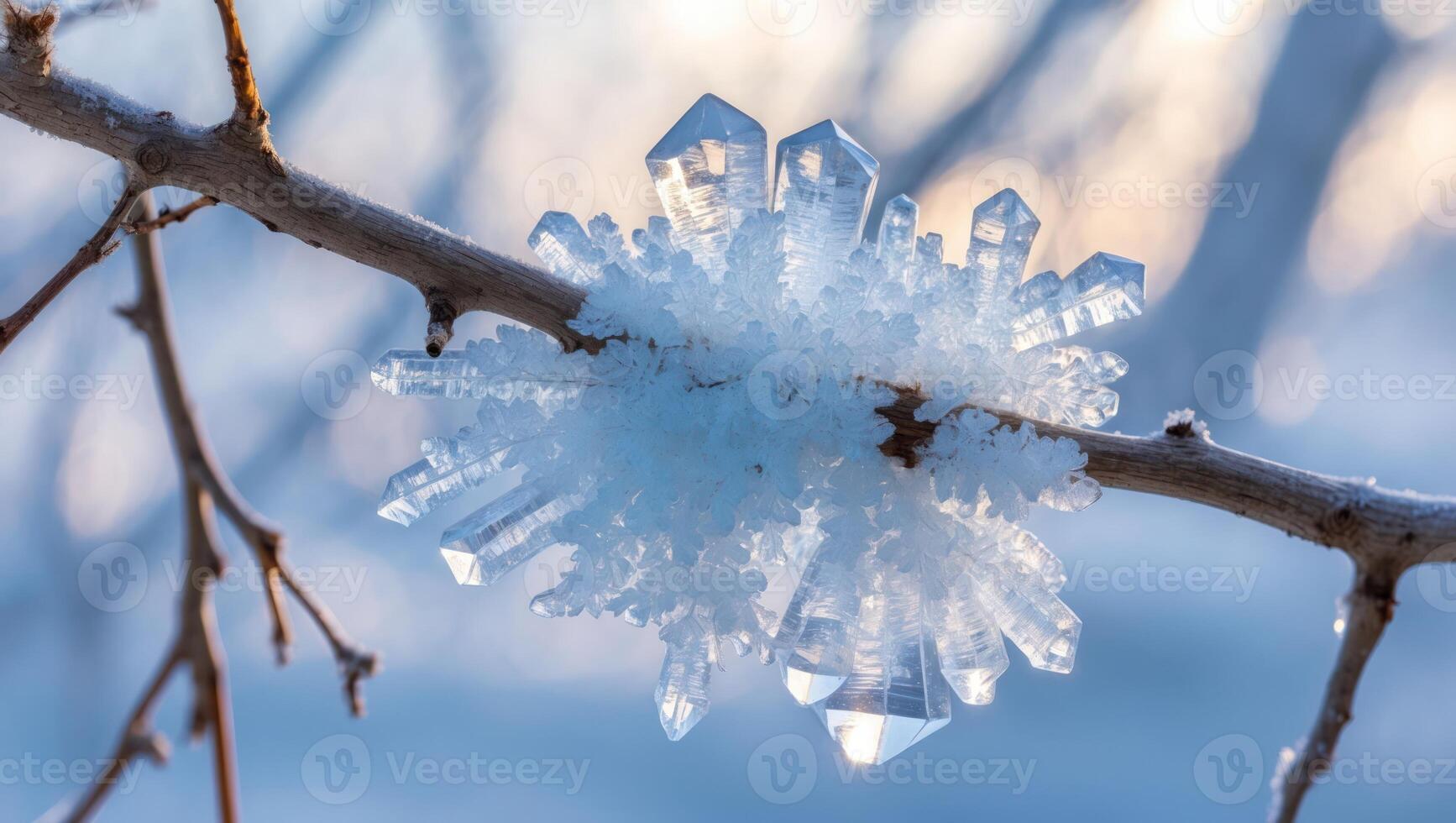 Ice Crystal Growing on Branch in Winter Sunlight photo