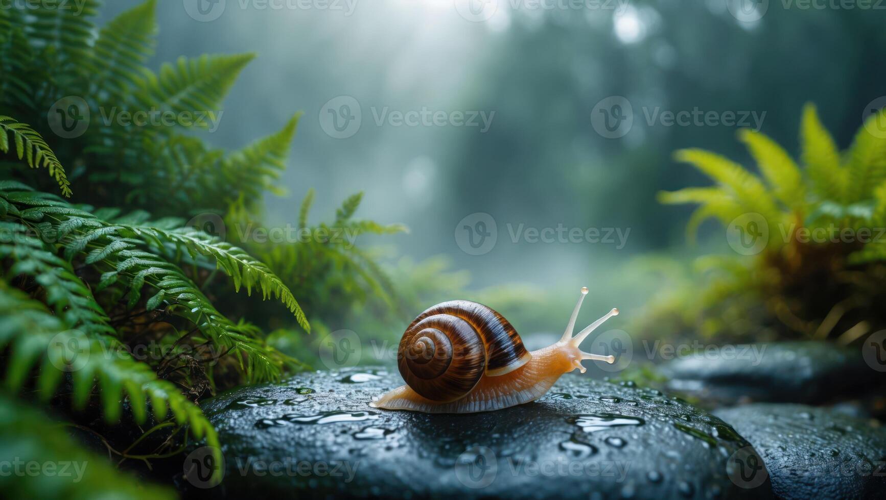 Snail Crawling on Wet Stone in Misty Forest photo