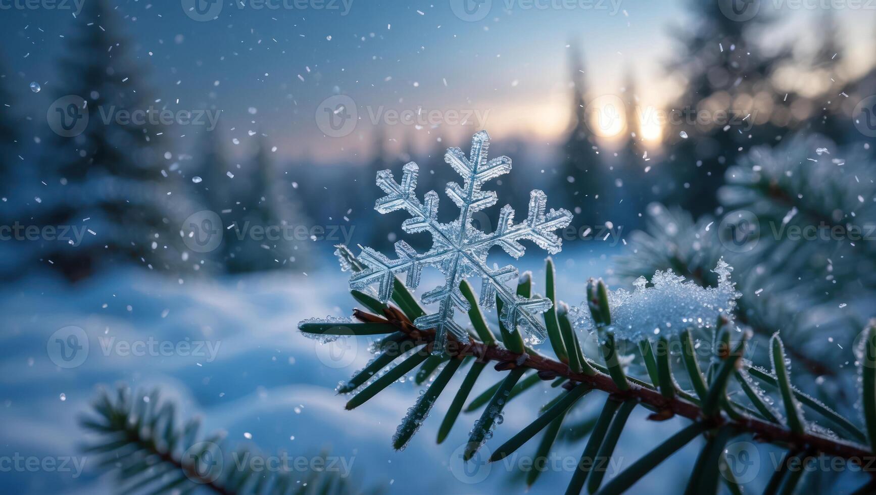 Snowflake Resting on Evergreen Branch in Snowy Forest photo