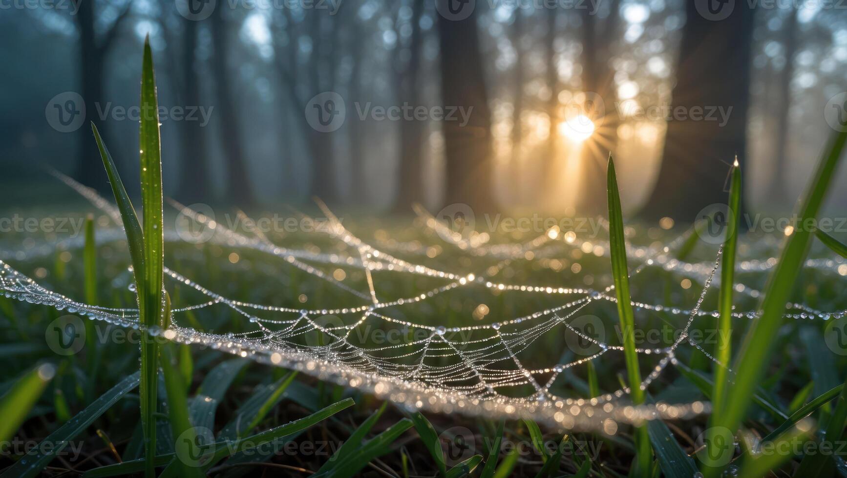 Spiderweb on Grass with Morning Dew and Sunlight photo