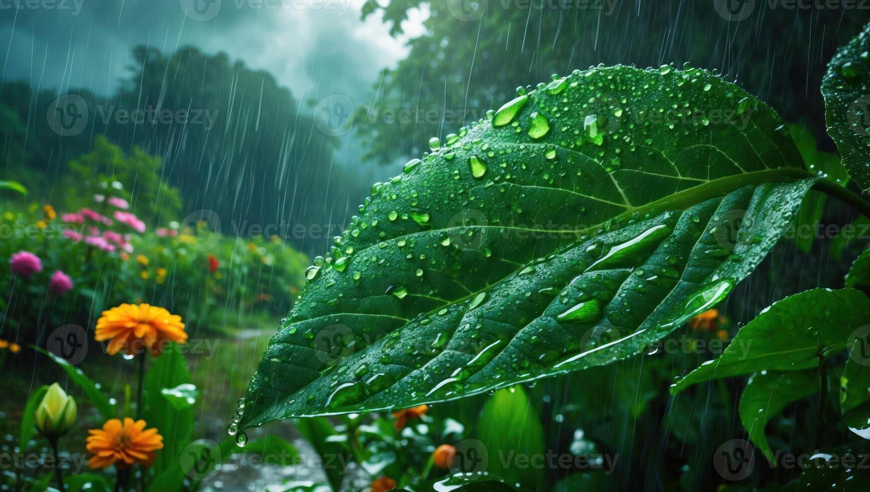 Leaf Wet with Raindrops in Garden with Flowers photo