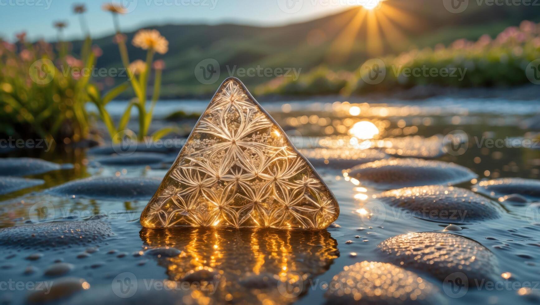 Golden Triangle Reflection at Sunset by Water photo