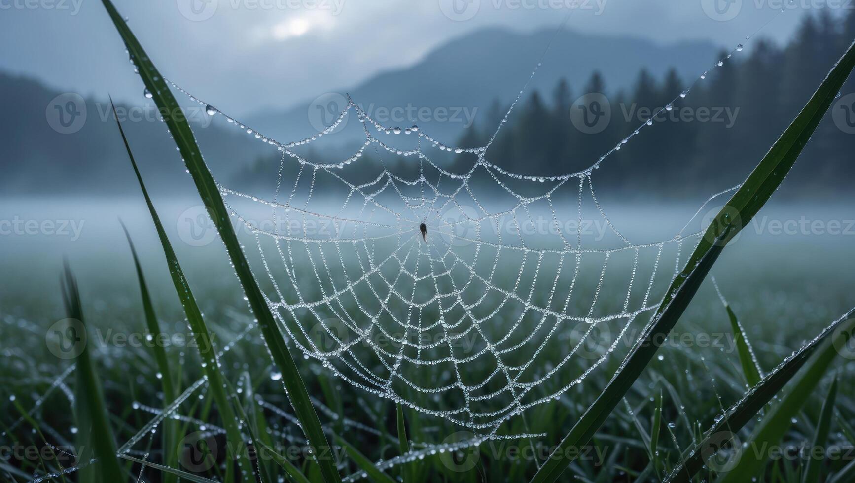 Spiderweb with Dewdrops in Field at Dawn photo