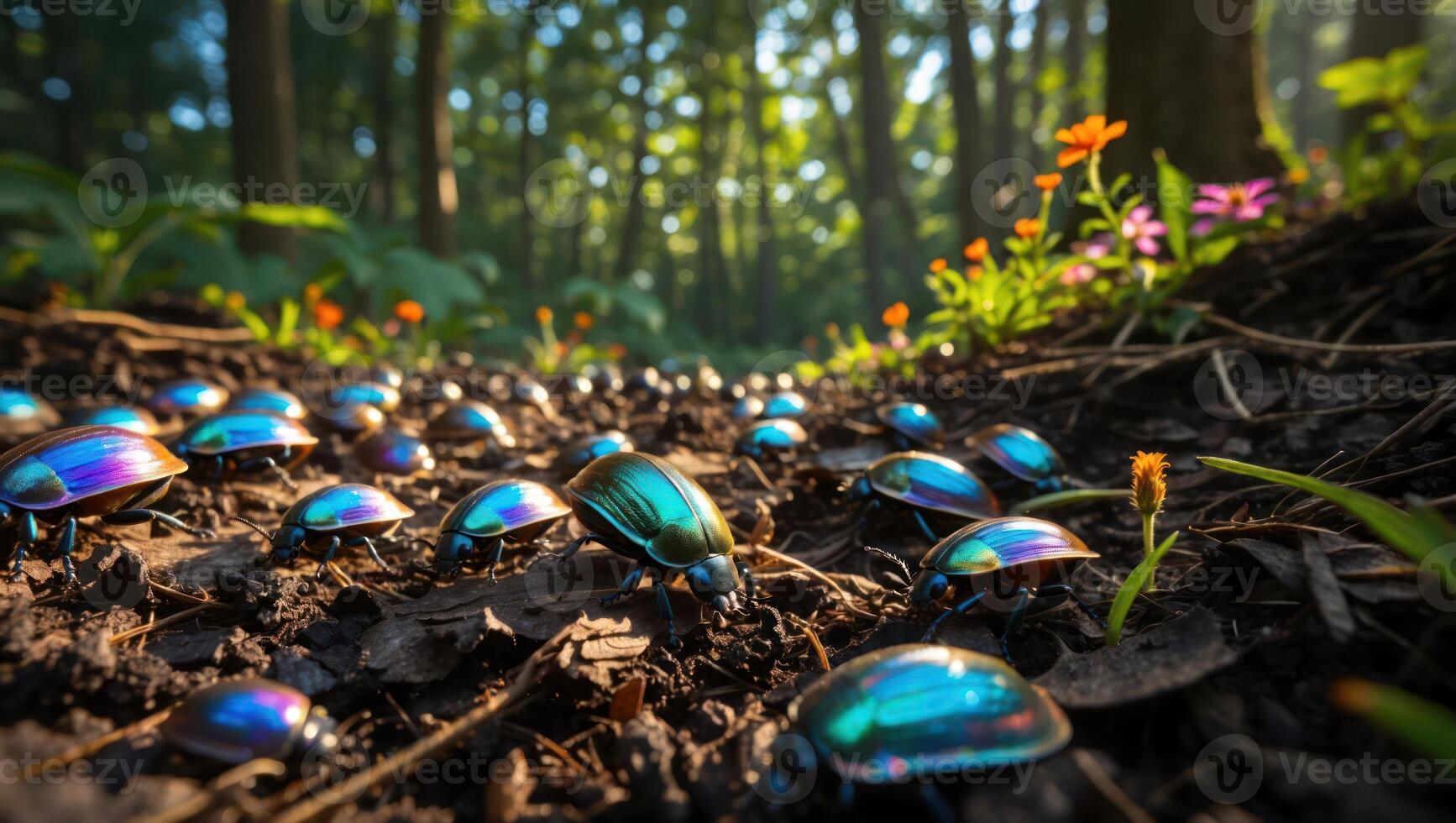 Iridescent Beetles Crawling on Forest Ground photo
